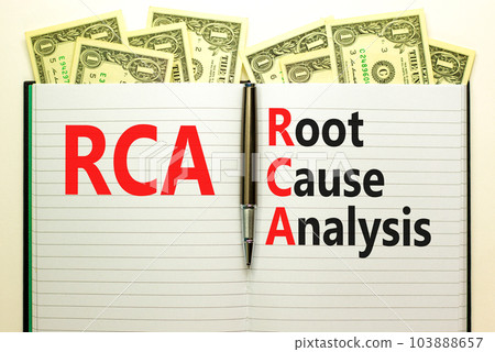 RCA root cause analysis symbol. Concept words RCA root cause analysis on white note. Dollar bills. Beautiful white table white background. Business and RCA root cause analysis concept. Copy space. RCA root cause analysis symbol. Concept words RCA root cause analysis on white note. Dollar bills. Beautiful white table white background. Business and RCA root cause analysis concept. Copy space. 103888657