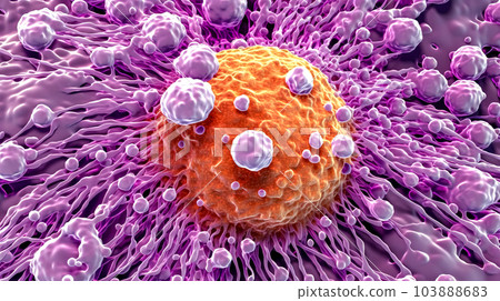 oncology, cancerous cell in biological tissue under a microscope made with Generative AI 103888683