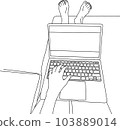 Outline sketch of laptop on lap with hand on keyboard and feet laying on coach 103889014