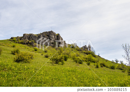 Ehrenbuergstein and the walberla rock near village Kirchehrenbach, county Forchheim, upper franconia, bavaria, germany Ehrenbuergstein and the walberla rock near village Kirchehrenbach, county Forchheim, upper franconia, bavaria, germany 103889215