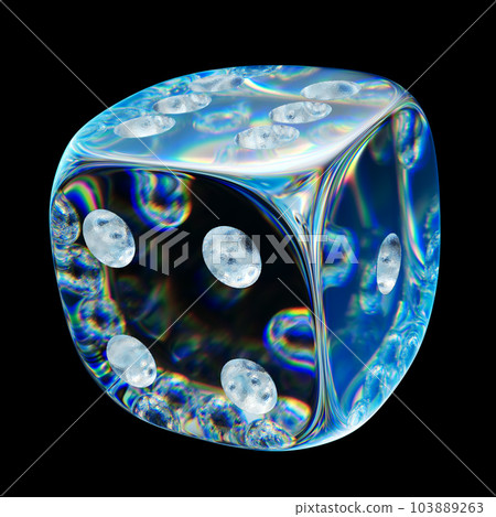 Blue glass dice on black background. 103889263