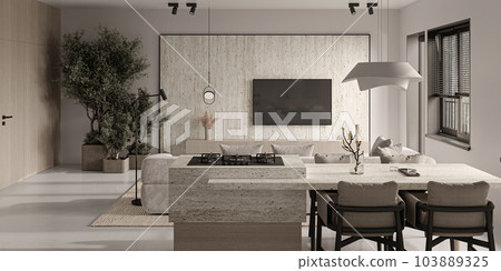 Beige living room interior with empty tv wall, ceiling lamp and kitchen island. Mockup canvas poster. Panoramic window on tropics view. 3d rendering. High quality 3d illustration 103889325