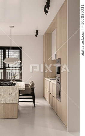 Elegant chic kitchen interior with natural materials. Wooden cabinet, ceiling, stone countertop and concrete floor. Windows with beautiful landscape view. 3d rendering. High quality 3d illustration Elegant chic kitchen interior with natural materials. Wooden cabinet, ceiling, stone countertop and concrete floor. Windows with beautiful landscape view. 3d rendering. High quality 3d illustration 103889331