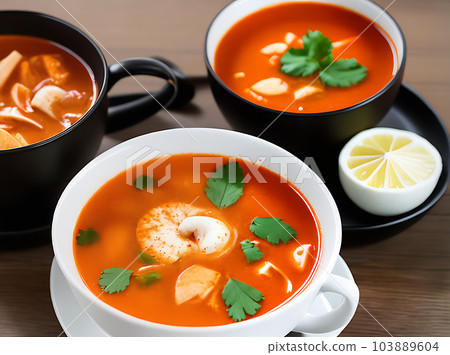 Cozy restaurant with realistic tom yam soup. Cozy restaurant with realistic tom yam soup. 103889604