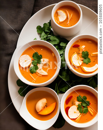 Cozy restaurant with realistic tom yam soup. 103889605