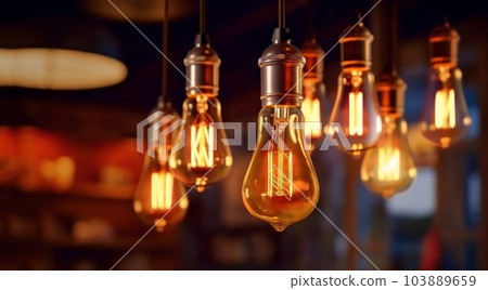Classic retro lighting bulb in orange warm light shade during it glowing with blurred of other bulbs as bokeh background. Object for interior decoration, selective focus photo. Vintage Edison design Classic retro lighting bulb in orange warm light shade during it glowing with blurred of other bulbs as bokeh background. Object for interior decoration, selective focus photo. Vintage Edison design 103889659