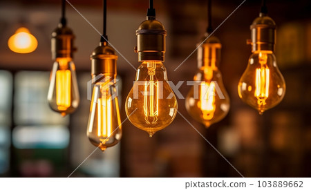 Classic retro lighting bulb in orange warm light shade during it glowing with blurred of other bulbs as bokeh background. Object for interior decoration, selective focus photo. Vintage Edison design Classic retro lighting bulb in orange warm light shade during it glowing with blurred of other bulbs as bokeh background. Object for interior decoration, selective focus photo. Vintage Edison design 103889662