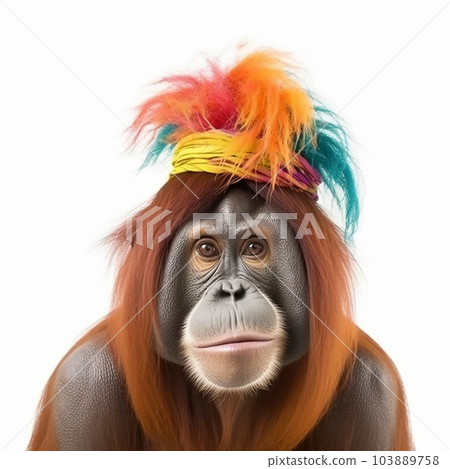 Monkey orangutan with a multi-colored rainbow hayer on his head, close-up portrait on a white background Monkey orangutan with a multi-colored rainbow hayer on his head, close-up portrait on a white background 103889758