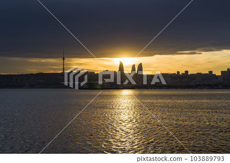 The Flame Towers of Baku, Azerbaijan reflected in the setting sun 103889793
