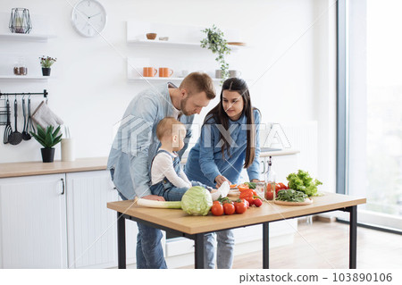 Mother giving slice of tomato to infant girl on dining table 103890106