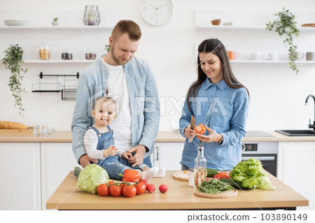 Smiling family preparing meal together in kitchen interior 103890149