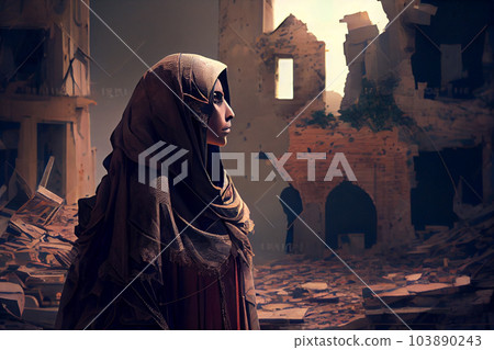 Illustration of Arab woman near the ruined building affected by the earthquake. 103890243