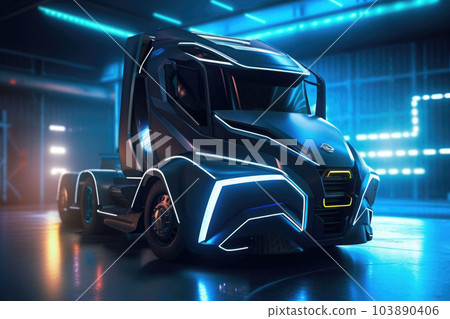 Electric truck in a futuristic environment. Truck with neon lights. Generative AI Electric truck in a futuristic environment. Truck with neon lights. Generative AI 103890406