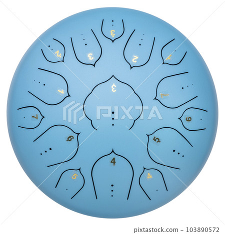 blue steel tongue drum with tone stickers, top view, isolated on white blue steel tongue drum with tone stickers, top view, isolated on white 103890572