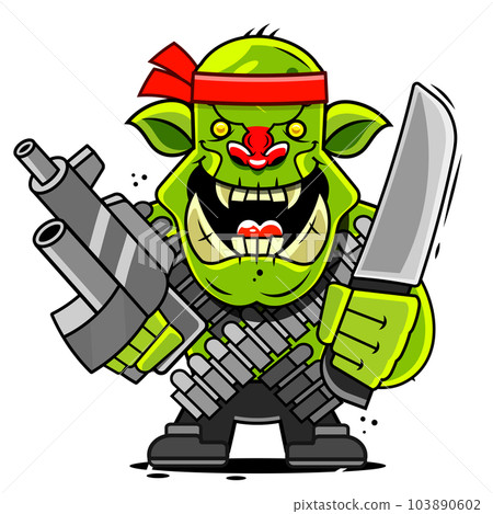 Black silhouettes of orcs clan symbol on white background. Warrior sign. Fantasy game banner with axe and skull. illustration 103890602