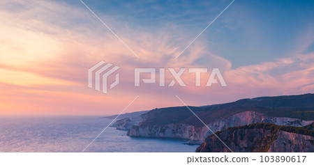Coastal landscape of Cape Keri at sunset. Greek island Zakynthos Coastal landscape of Cape Keri at sunset. Greek island Zakynthos 103890617