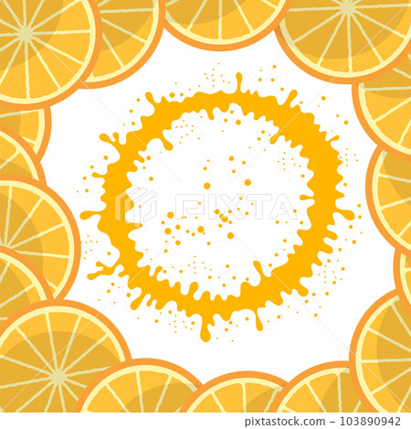 Vector Fresh Orange Sliced Frame with Circle Orange Juicy Splatter and Juice Drops on White Background. Tropical Sweet Fruit Pattern Vector Fresh Orange Sliced Frame with Circle Orange Juicy Splatter and Juice Drops on White Background. Tropical Sweet Fruit Pattern 103890942