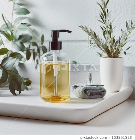 Liquid soap pump bottle in home bathroom interior, body wash and care cosmetic product packaging mockup Liquid soap pump bottle in home bathroom interior, body wash and care cosmetic product packaging mockup 103891558