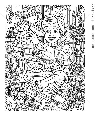 Boy with Christmas Gift Adults Coloring Pages  103891567