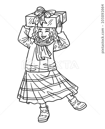 Christmas Girl with Gift Isolated Adults Coloring 103891664