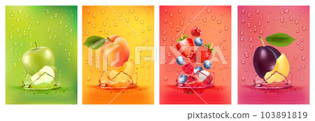 Fresh fruits juice splashing together- pear, apple, plum, apricot, strawberry, blackberry, raspberry juice drink splashing. 3d fresh fruits. Vector illustration Fresh fruits juice splashing together- pear, apple, plum, apricot, strawberry, blackberry, raspberry juice drink splashing. 3d fresh fruits. Vector illustration 103891819