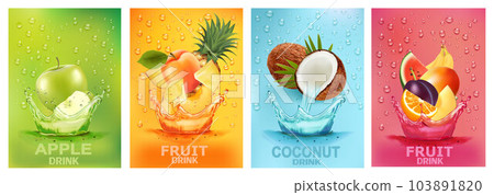 Fresh fruits drink splashing together- pear, apple, plum, apricot, cococnut, mango, pinrapple, banana, orangre juice drink splashing. 3d fresh fruit. Vector illustration Fresh fruits drink splashing together- pear, apple, plum, apricot, cococnut, mango, pinrapple, banana, orangre juice drink splashing. 3d fresh fruit. Vector illustration 103891820