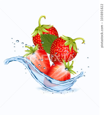 Fresh strawberries in water splash and drops. 3D fresh berries falling into the water. Vector illustration. Fresh strawberries in water splash and drops. 3D fresh berries falling into the water. Vector illustration. 103891822