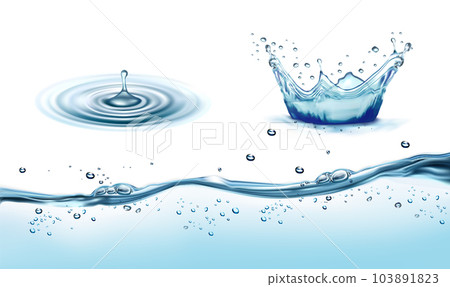 Set of transparent water splashes, drops isolated on transparent background. Water crown splashes with drops. Transparent water waves with air bubbles. Vector illustration 103891823