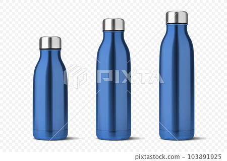 Vector Realistic 3d Blue Empty Glossy Metal Reusable Water Bottle with Silver Bung Set Closeup Isolated. Design template of Packaging Mockup. Front View Vector Realistic 3d Blue Empty Glossy Metal Reusable Water Bottle with Silver Bung Set Closeup Isolated. Design template of Packaging Mockup. Front View 103891925