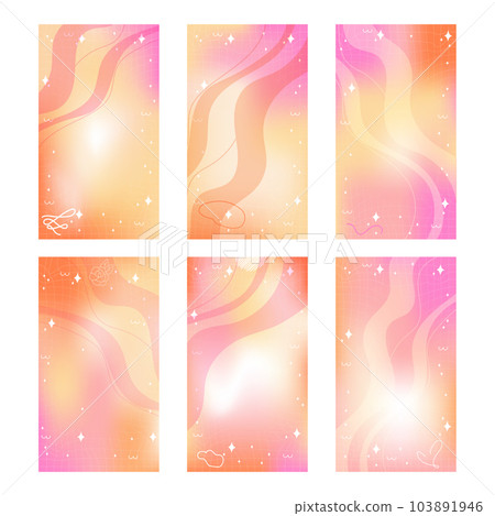 Trendy set of yellow orange pink blurry mesh gradient abstract storis template background with copy space and hand drawn Kawaii Y2K line and wave elements smooth and rounded doodles Ideal for use on 103891946