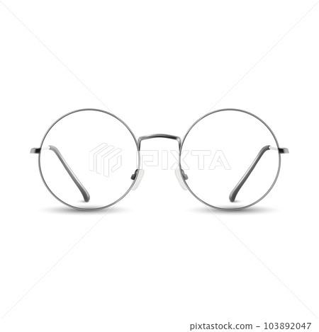 Vector 3d Realistic Grey Silver Round Frame Glasses. Colorless Transparent Sunglasses for Women and Men, Accessory. Optics, Lens, Vintage, Trendy Glasses. Front, Top View 103892047