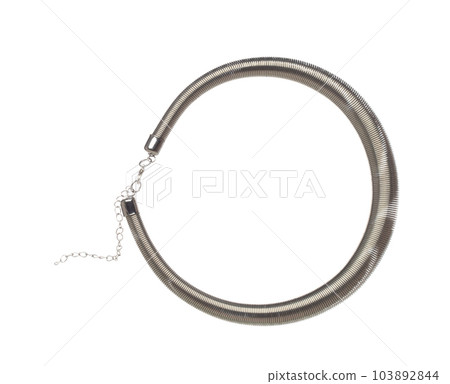 Silver stainless bead style necklet fly in air. Silver metal necklace as gemstone for fashion ornament decorative items. Fashion ornament necklace to add more style. White background isolated Silver stainless bead style necklet fly in air. Silver metal necklace as gemstone for fashion ornament decorative items. Fashion ornament necklace to add more style. White background isolated 103892844