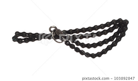 Motorcycle chain style necklet fly in air. Silver metal necklace as gemstone for fashion ornament decorative items. Fashion ornament necklace to add more style. White background isolated 103892847