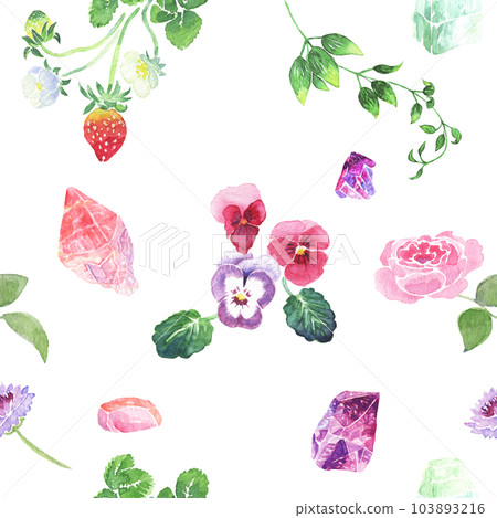 Seamless background material decorated with magical forest berries, roses, wild grasses and natural stones 103893216