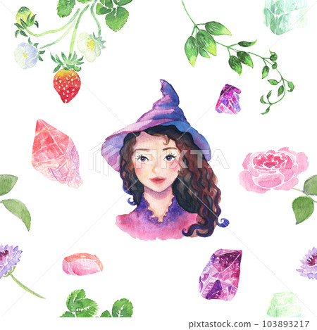 A gentle young forest witch who smiles, forest medicinal herbs, and a seamless background material decorated with natural stones 103893217