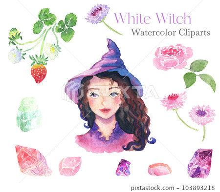 A smiling gentle young forest witch, forest medicinal herbs, and natural stone watercolor clip art set A smiling gentle young forest witch, forest medicinal herbs, and natural stone watercolor clip art set 103893218