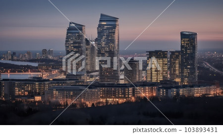 Panoramic skyline and modern commercial buildings with empty asphalt road. AI Generative. Panoramic skyline and modern commercial buildings with empty asphalt road. AI Generative. 103893431