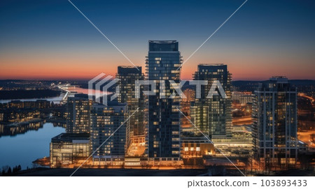Panoramic skyline and modern commercial buildings with empty asphalt road. AI Generative. Panoramic skyline and modern commercial buildings with empty asphalt road. AI Generative. 103893433