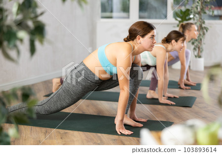 Young female yoga instructor giving pilates training session in wellness center Young female yoga instructor giving pilates training session in wellness center 103893614