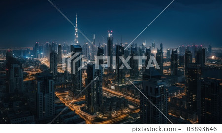 Panoramic skyline and modern commercial buildings with empty asphalt road. AI Generative. 103893646