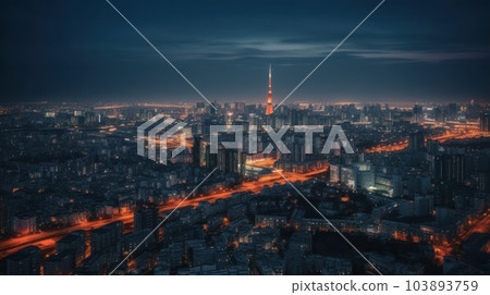 Panoramic skyline and modern commercial buildings with empty asphalt road. AI Generative. Panoramic skyline and modern commercial buildings with empty asphalt road. AI Generative. 103893759