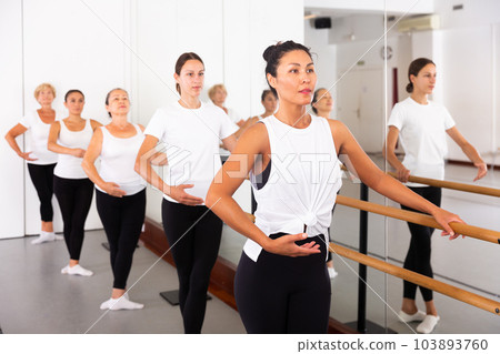 Group of women engaged in classical ballet stand holding onto a barre in a ballet stance 103893760