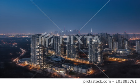 Panoramic skyline and modern commercial buildings with empty asphalt road. AI Generative. 103893761