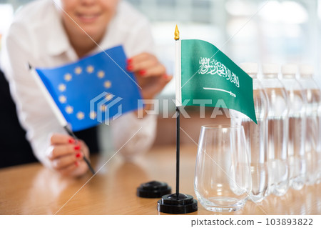 Flags of EU and Saudi Arabia stand on negotiating table in office Flags of EU and Saudi Arabia stand on negotiating table in office 103893822
