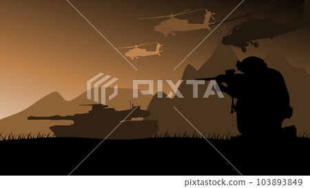 Silhouette in a war zone with soldier, tanks, and helicopters Silhouette in a war zone with soldier, tanks, and helicopters 103893849