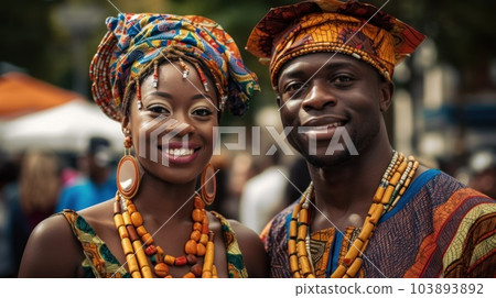 Beautiful african american woman in traditional dress and handsome black man smiling and looking at camera.AI Generative 103893892