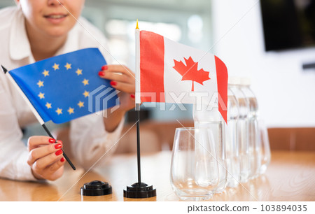 Unrecognizable girl sets midget flags of Canada and European Union before international negotiations Unrecognizable girl sets midget flags of Canada and European Union before international negotiations 103894035