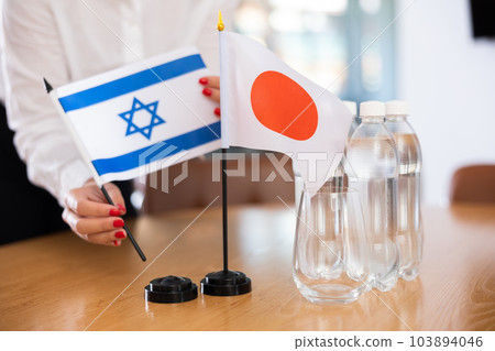 National flags of Japan and Israel on table in meeting room 103894046