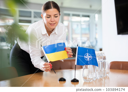 Businesswoman arranging the flags of NATO (OTAN) and Ukrain for presentation and negotiations 103894174