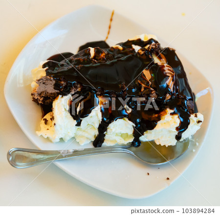 Delicious chocolate cake with whipped cream Delicious chocolate cake with whipped cream 103894284